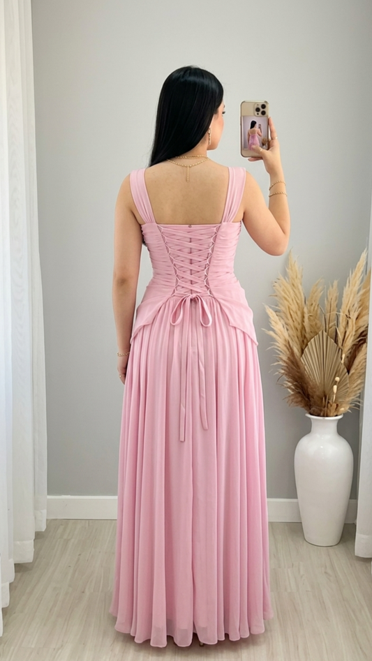 Vestido Rosa Palo Corset Drapeado Falda Plisada cod.V560