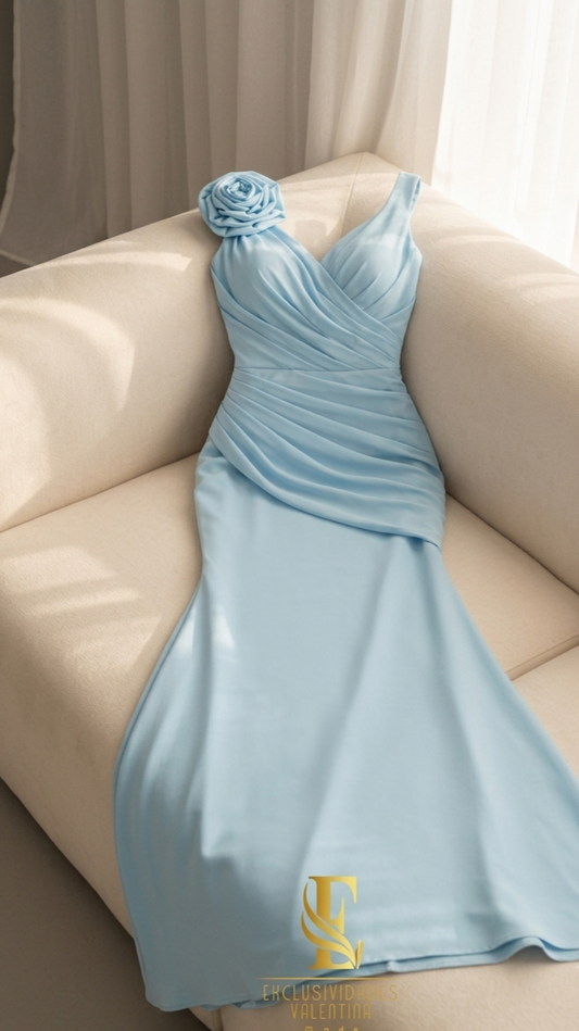 Vestido Azul Cielo Sirena Escote V Rosa 3D Hombro cod.V567