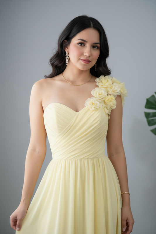 Vestido Amarillo Pastel Un Hombro con Flores 3D y Falda Chiffon Línea A cod.V611