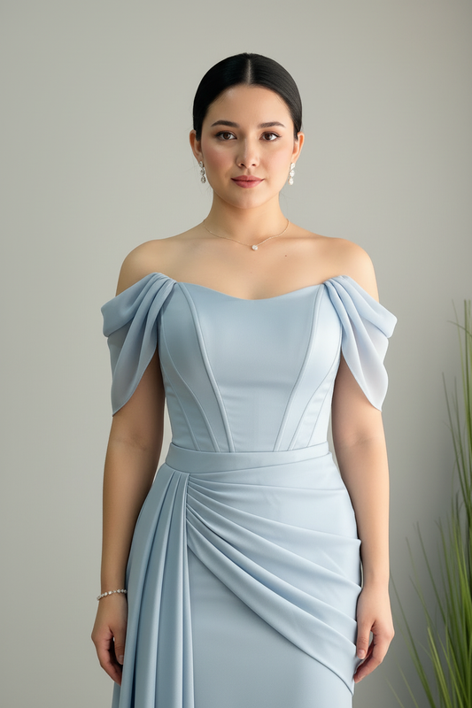 Vestido Azul Cielo Off-Shoulder Drapeado Maxi cod.V679