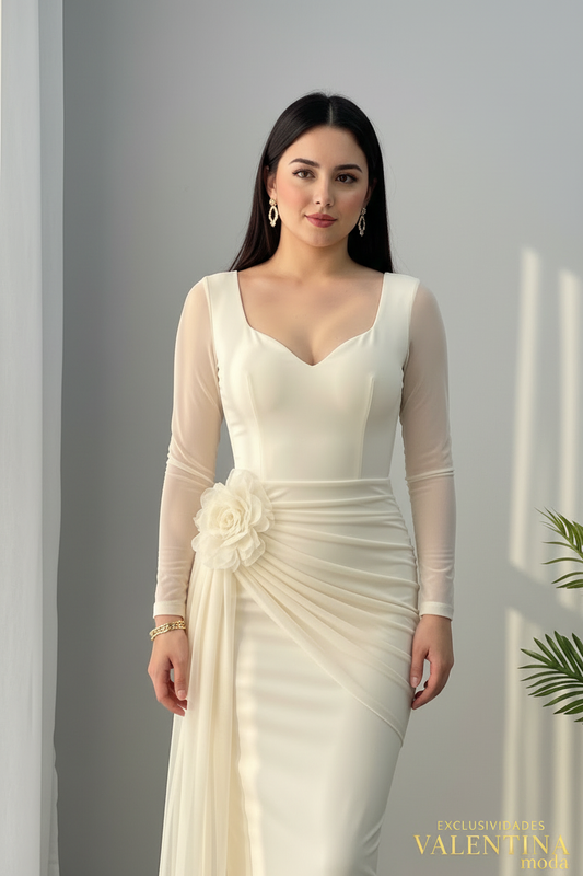 Vestido Largo Blanco Crema Flor 3D Manga Tul cod.V715