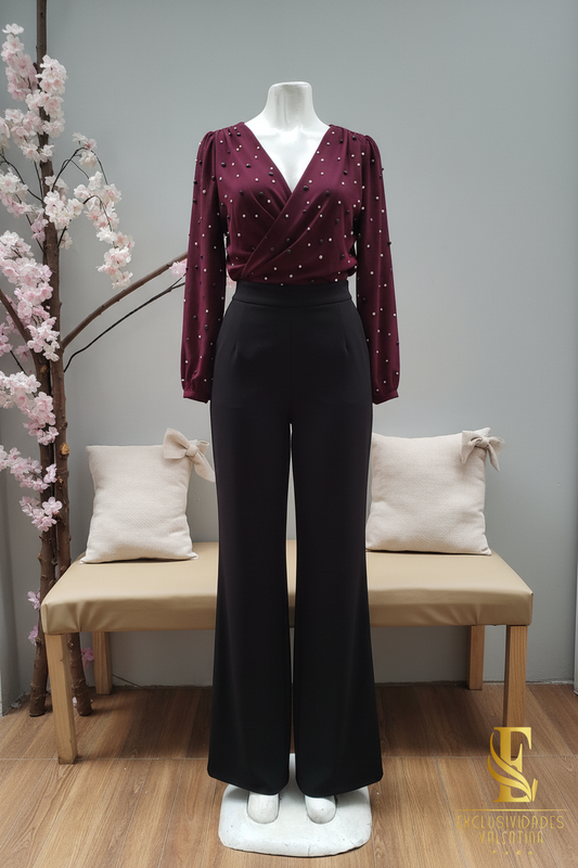 Conjunto Vino Borgoña Blusa Cruzada Perlas + Palazzo Negro cod.C303