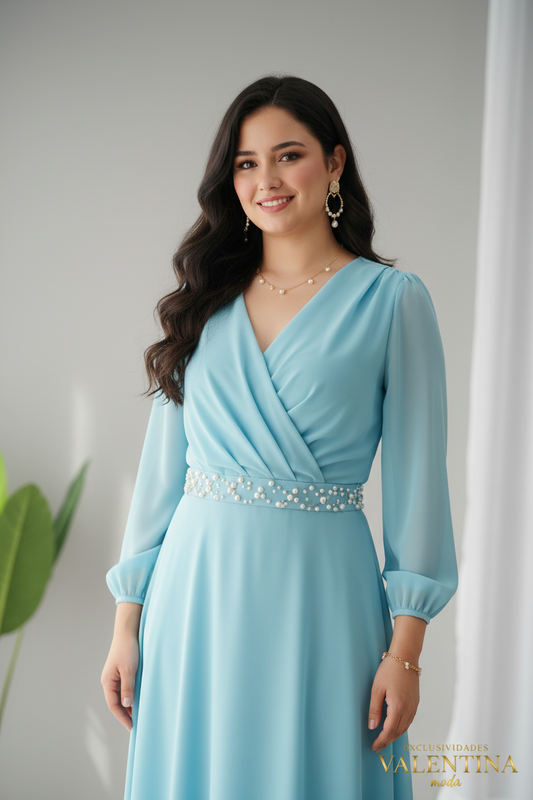 Vestido Largo Azul Cielo Manga Larga cod.704