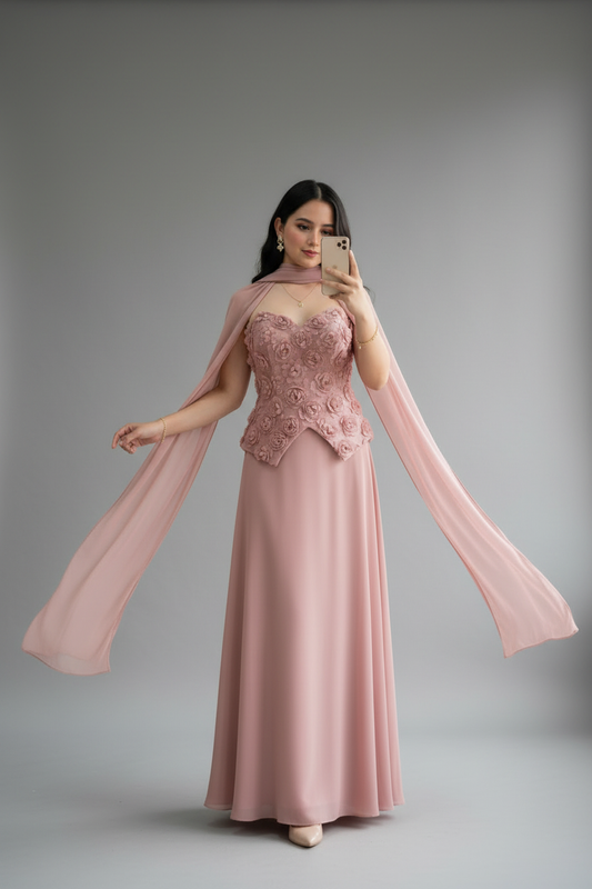 Conjunto Rosa Palo Corset con Rosas 3D y Capa cod.C640