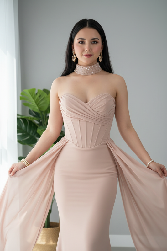 Vestido Nude Champagne Strapless Corset Capa Chiffon Sirena cod.V697