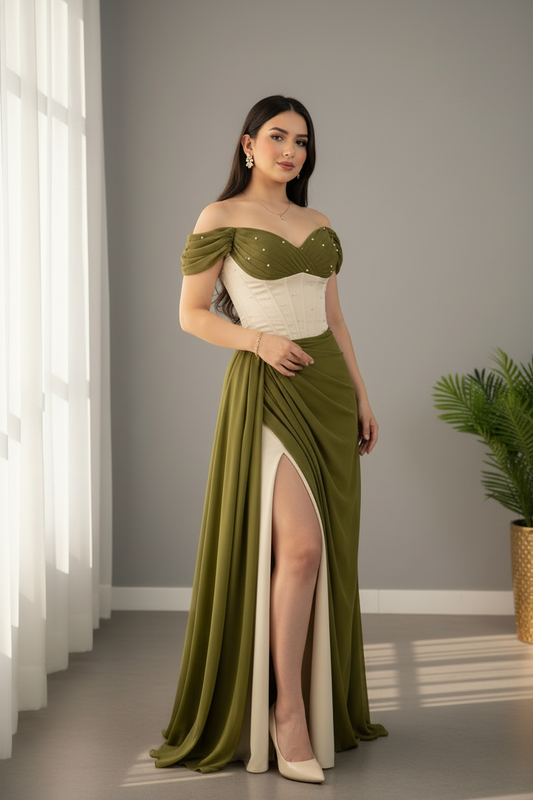 Vestido Verde Olivo y Crema Off-Shoulder Corset con Perlas y Abertura cod.V660