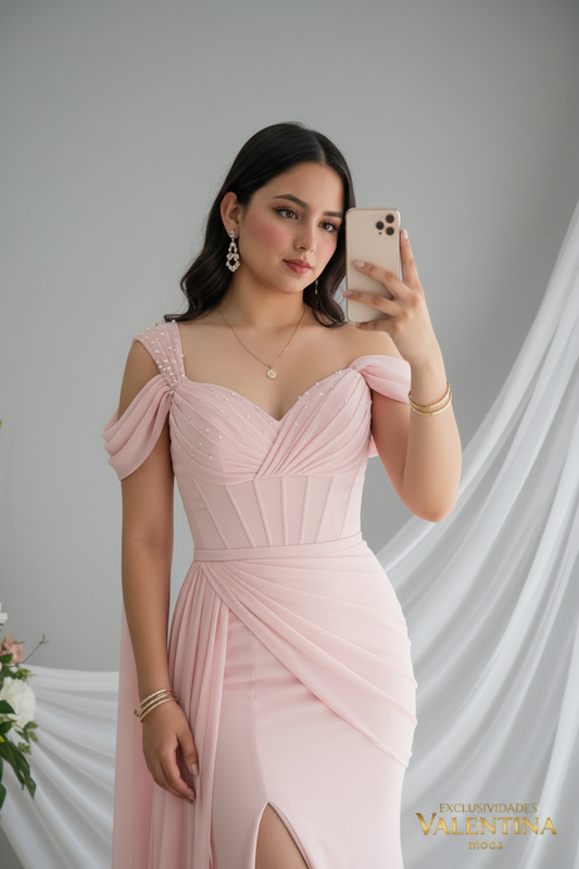 Vestido Rosa Palo Chiffon Off-Shoulder con Abertura Frontal cod.V509