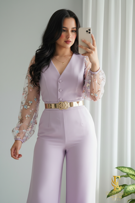 Conjunto Lila — Top Chaleco Mangas Bordadas & Palazzo cod.0043