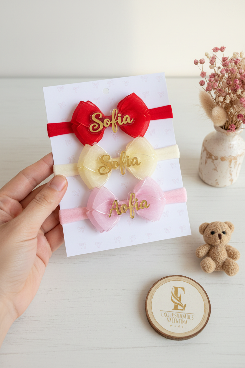 Set x3 Cintillos Bebé de Organza Personalizados con Nombre cod.005