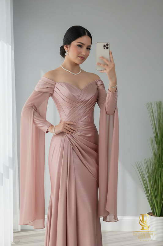 Vestido Rosa Palo Satén Off-Shoulder con Mangas Campana cod.667