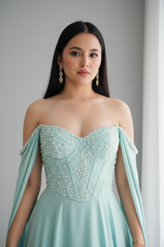 Vestido Aqua Off-Shoulder Corsé de Perlas con Capa de Gasa cod.V550