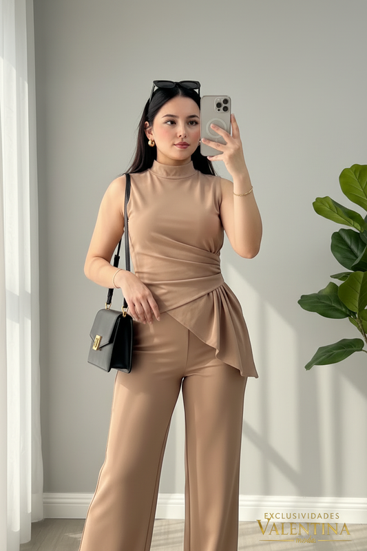 Conjunto Dos Piezas Camel Top Peplum Asimétrico cod.C707