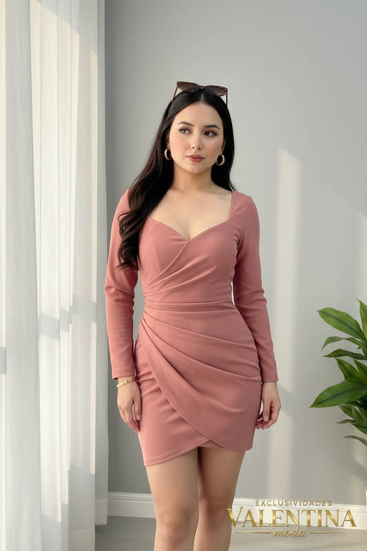 Vestido Corto Rosa Palo Manga Larga Drapeado cod.709