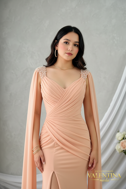 Vestido Salmón Sirena con Mangas Capa y Tirantes de Cristal cod.V509