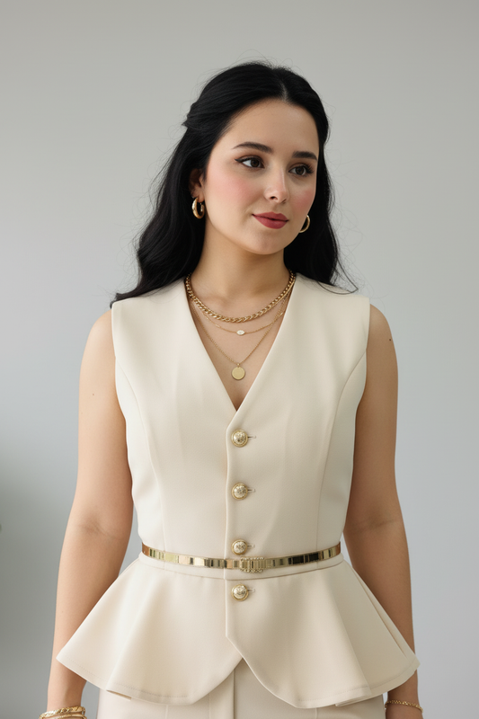 Conjunto Elegante Beige Chaleco Peplum con Botones Dorados y Pantalón Slim cod.504