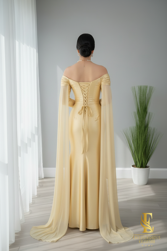Vestido Dorado Off-Shoulder con Mangas Campana Largas cod.V673
