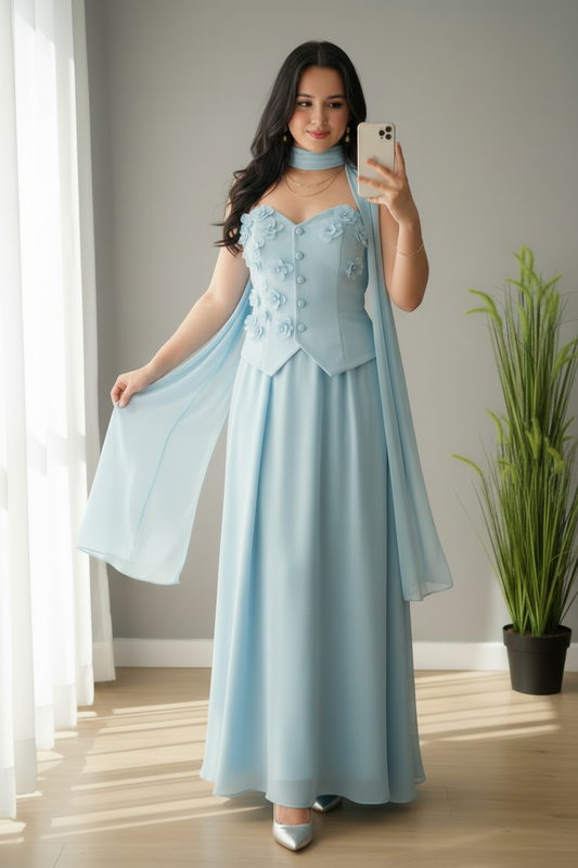 Conjunto Azul Cielo con Capa y Rosas D cod.C637