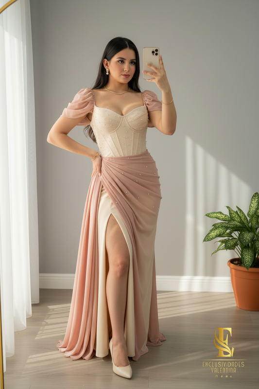 Vestido Nude Corsé con Falda Rosa Palo y Mangas Puff cod.V664