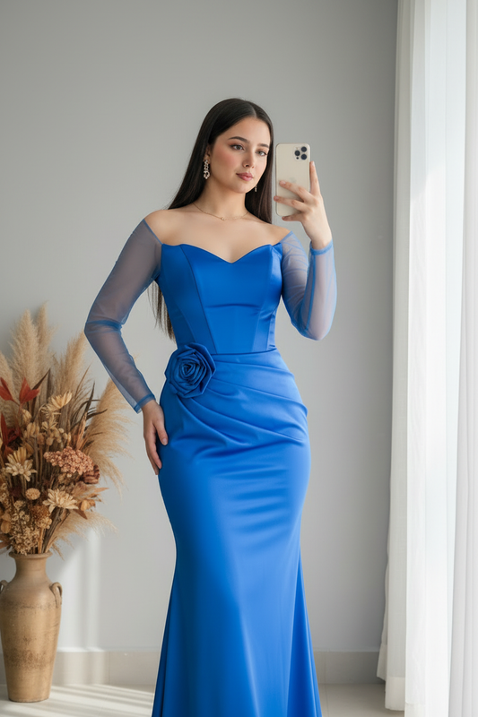 Vestido Azul Rey Off-Shoulder Manga Tul Rosa D cod.427
