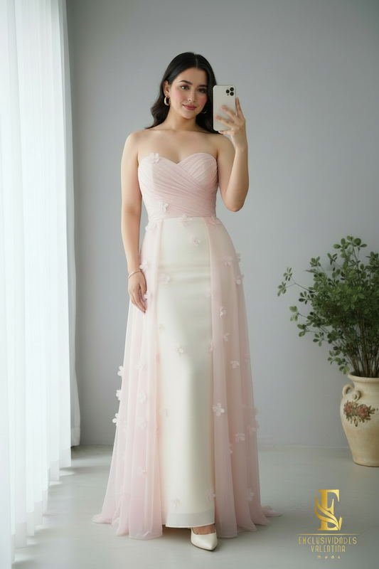Vestido Rosa Palo Strapless con Flores 3D y Tul cod.V665