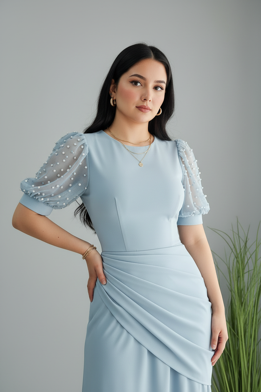 Vestido Pearl Blue – Gown Azul Cielo Mangas Puff de Perlas & Drapeado Griego cod.688
