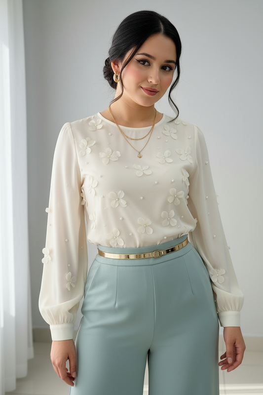 Conjunto Verde Menta Blusa Chiffon Flores 3D y Palazzo cod.C379