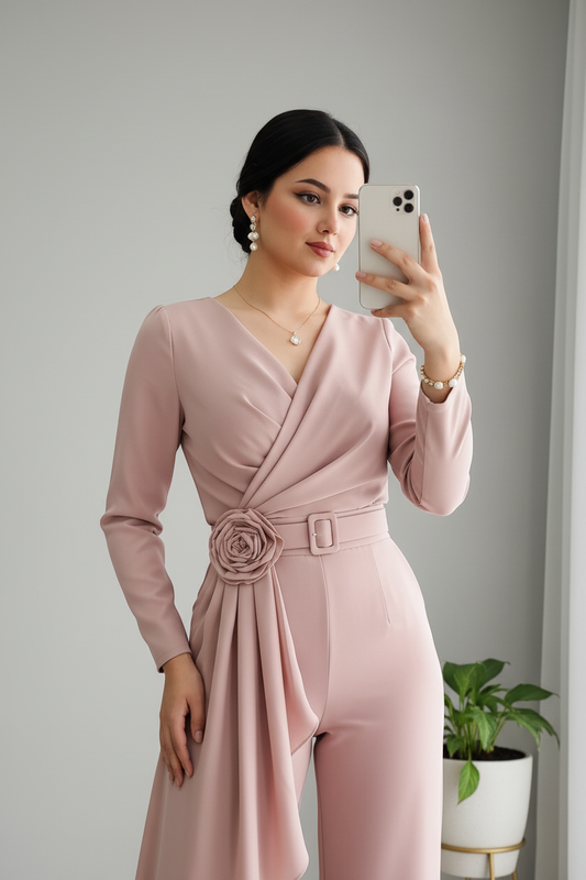 Jumpsuit Rosa Palo — Escote V, Rosa 3D & Caída Asimétrica cod.875