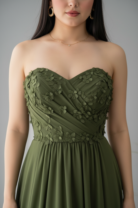 Vestido Verde Olivo Bordado Floral con Abertura cod.V642