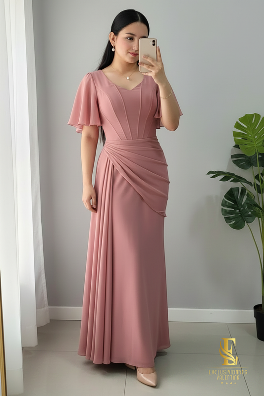 Vestido Rosa Palo Chiffon con Mangas Mariposa y Drapeado cod.V671