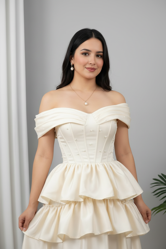 Vestido Ivory Volantes Off-Shoulder cod.993