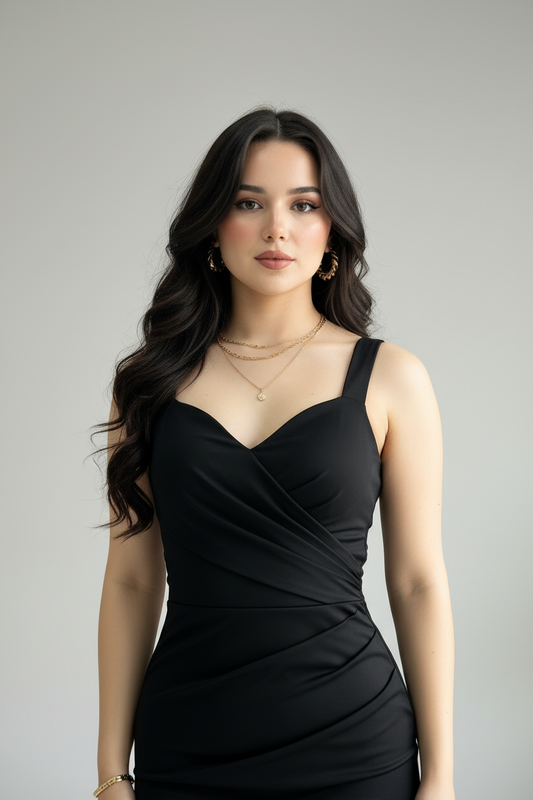 Vestido Negro Sirena con Tirantes y Drapeado cod.660