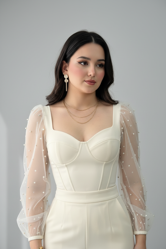 Conjunto Crema Corset con Mangas Tul de Perlas y Pantalón cod.649
