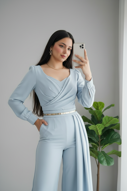 Conjunto Sky Blue Palazzo – Top Cruzado Drapeado Manga Larga + Pantalón Palazzo cod.694