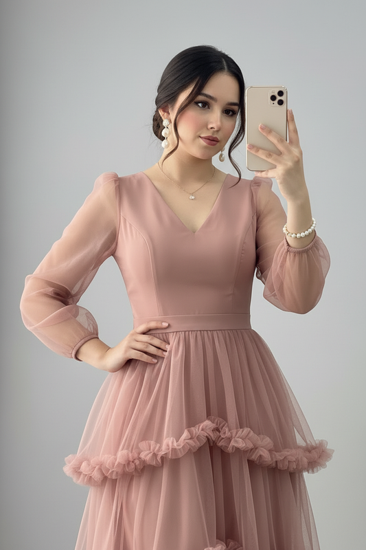 Vestido Rosa Palo Mauve Tul Manga Abullonada Escote V Volantes Cascada cod.827