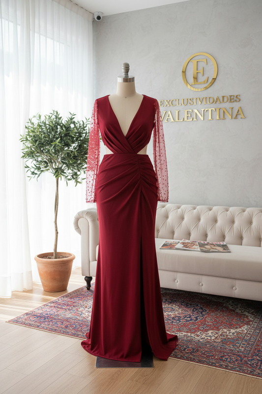 Vestido Vino Largo Escote V Mangas Tul Perlas Cut-Out Slit Gala cod.V593