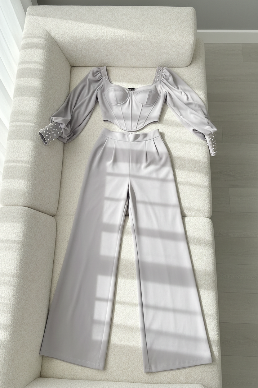 Conjunto Gris Perla Corset + Pantalón Palazzo con Mangas Abullonadas y Perlas cod.C779