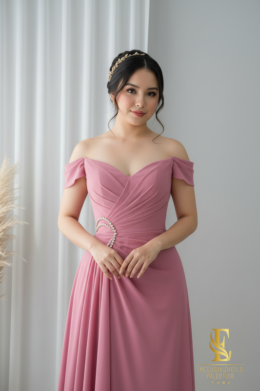 Vestido Rosa Antiguo Off-Shoulder con Broche de Perlas cod.0068