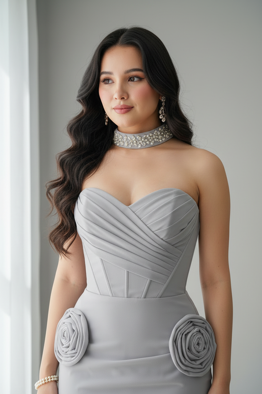 Vestido Gris Plata Strapless Corset Rosas 3D Sirena cod.V699