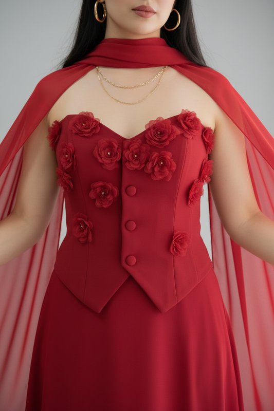 Conjunto Rojo Corset con Rosas 3D y Capa cod.C639