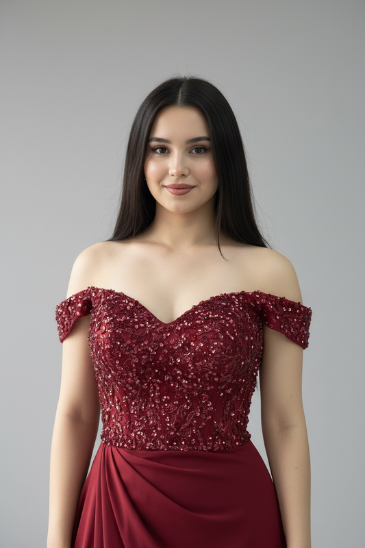 Vestido Vino Off-Shoulder Bordado cod.622