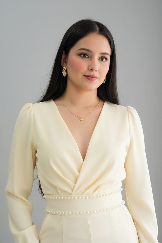 Conjunto Dos Piezas Crema Marfil B. Cruzada con Perlas y P. Palazzo cod.C606