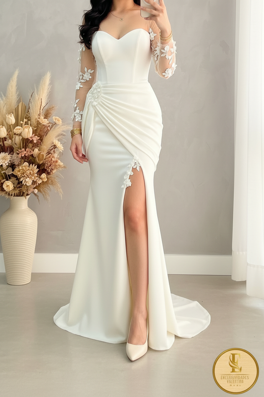 Vestido Blanco Sirena Manga Tul Flores 3D Abertura cod.V389