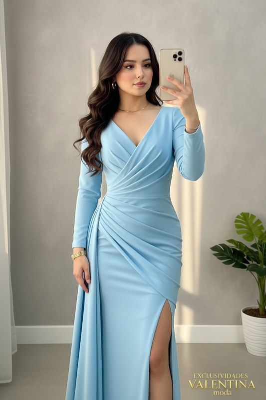 Vestido Largo Azul Cielo Manga Larga con Abertura cod.V713