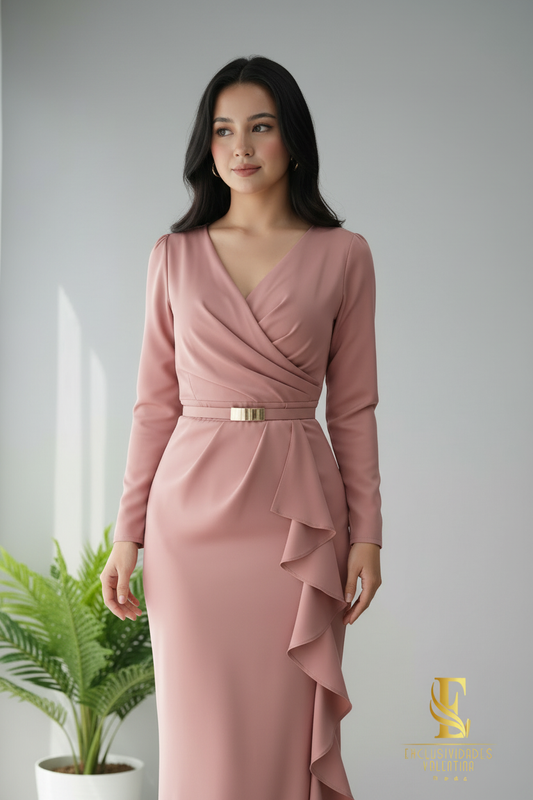 Vestido Midi Rosa Palo con Escote Cruzado y Volantes cod.V246