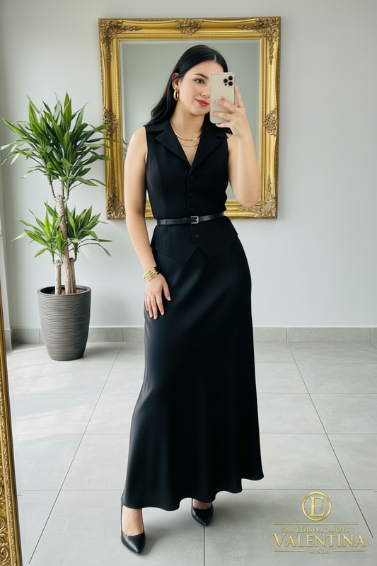 Conjunto Chaleco y Falda Maxi Negro Satinado cod.C400
