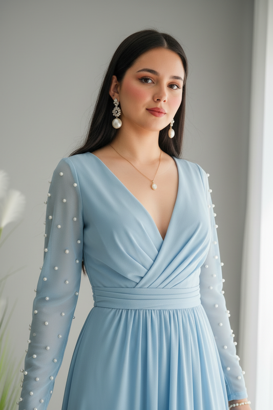 Vestido Azul Cielo Manga Larga Tul Perlas Abertura cod.V696