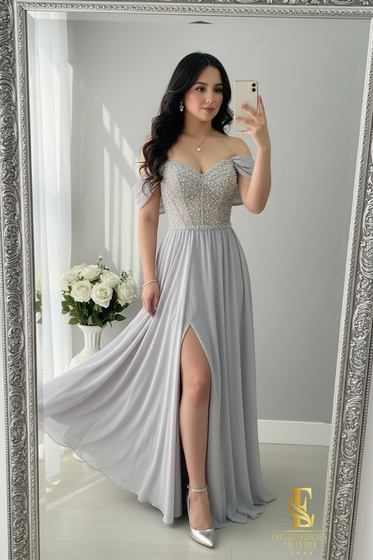 Gown Plata Corset Cristales cod.V737