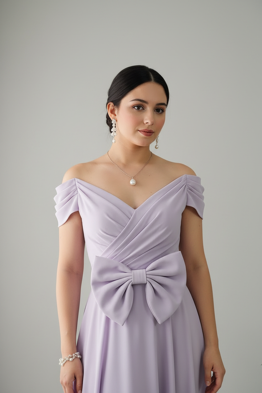 Vestido Lila — Hombros Descubiertos & Lazo cod.854