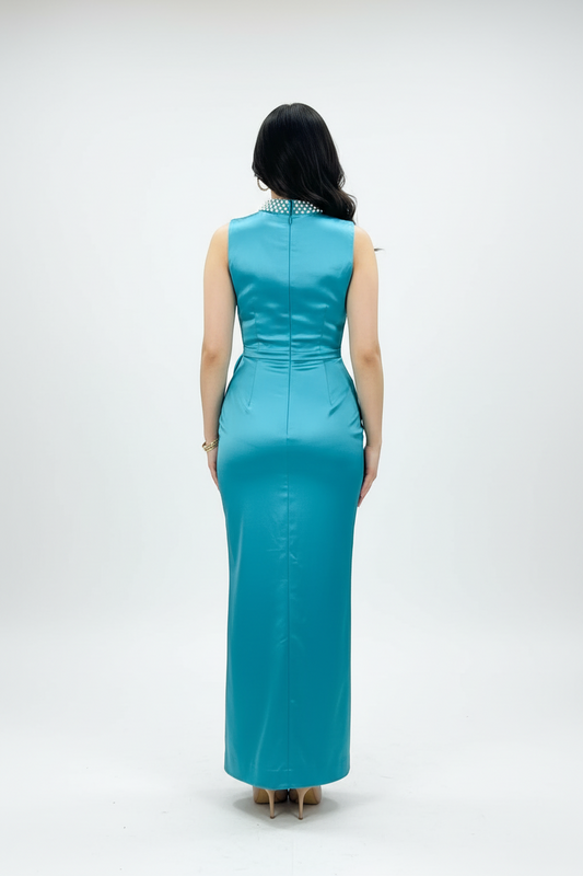 Vestido de Gala Turquesa con Perlas y Rosa 3D - Elegante Largo Sirena cod.336
