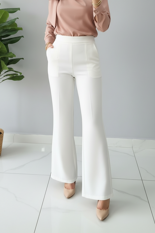Pantalón Blanco Bootcut de Tiro Alto con Bolsillos Laterales cod.388